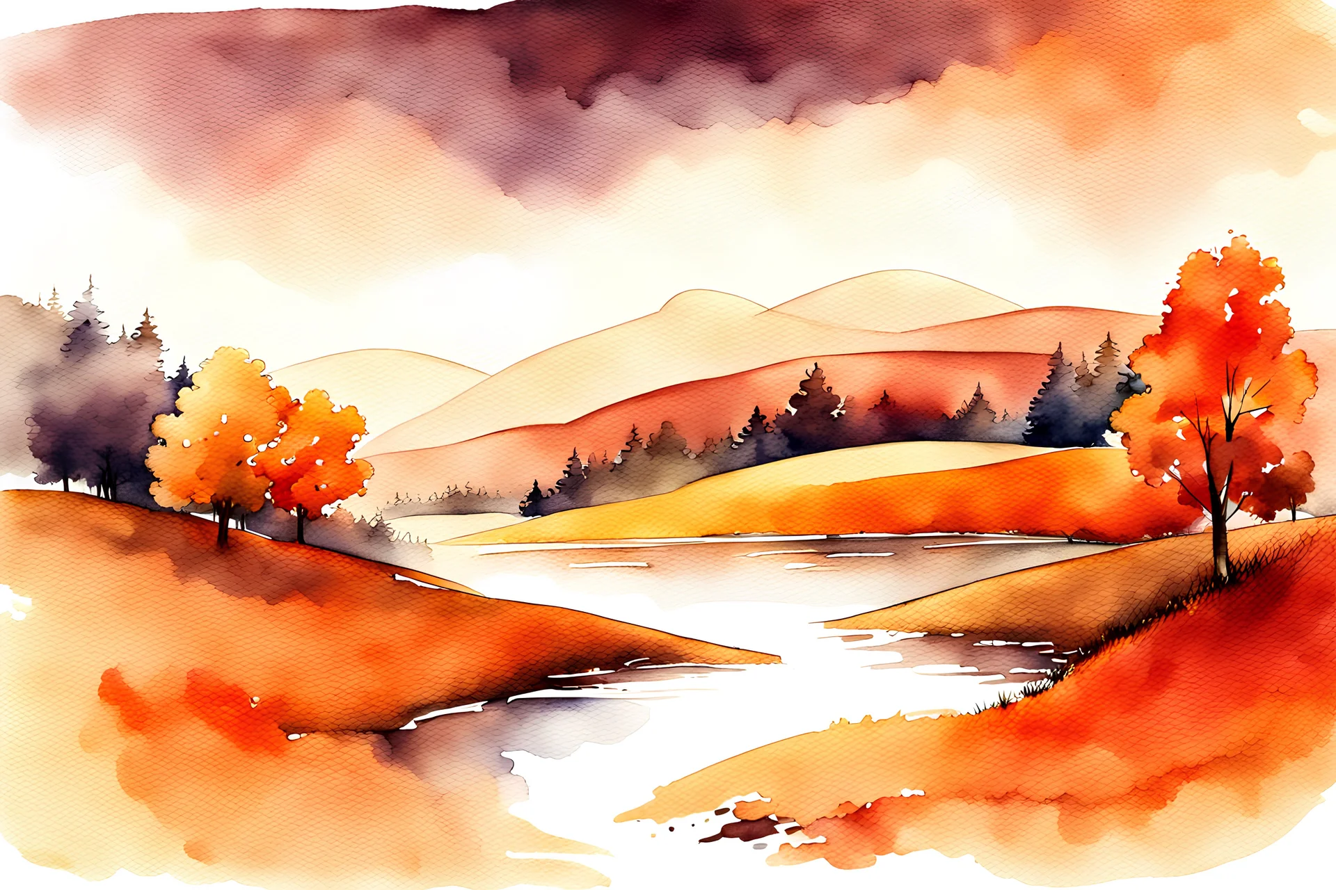 Autumn dream, beautiful landscape, rich earthy colors, watercolor