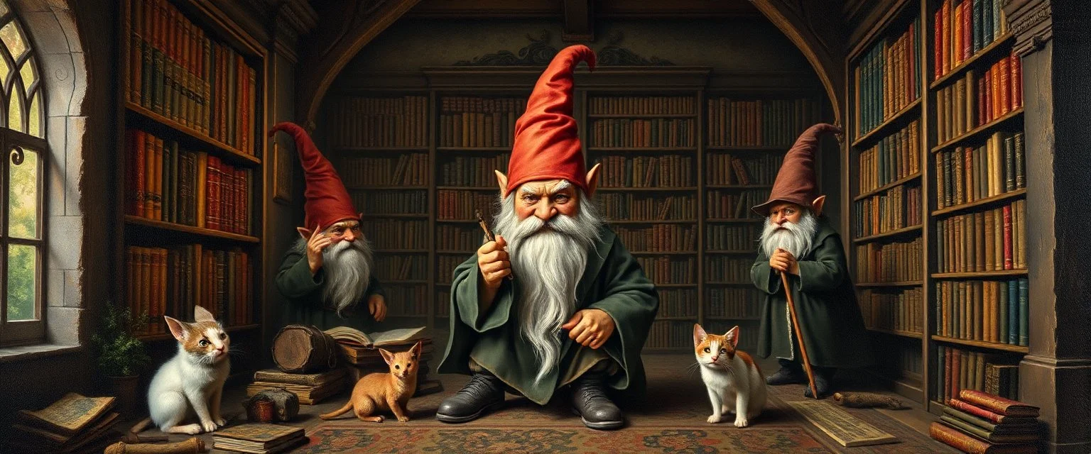 master oil painting by Rembrandt, magia spy gnomes soap opera poster, huge archeive, library, woodland creatures
