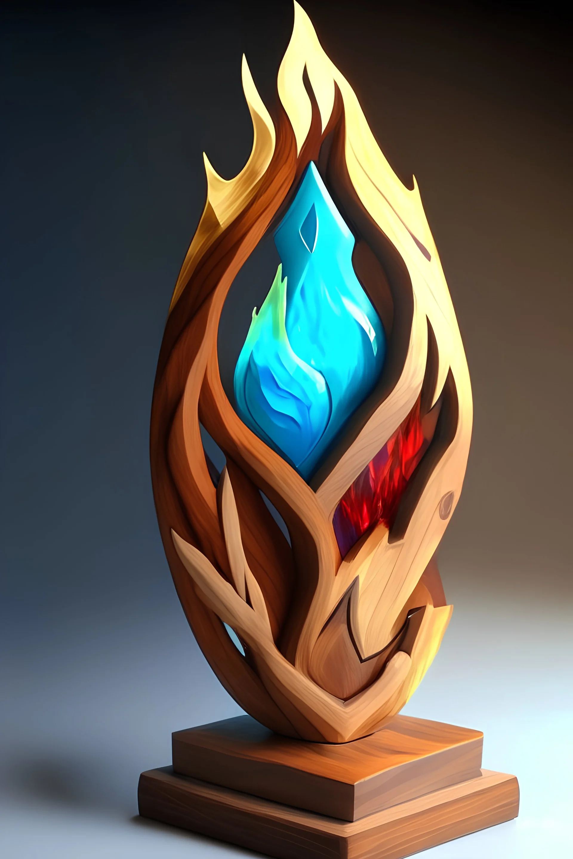 trophy made out of wood and acrylic using the 4 elements - inspired by elemental movie disney and pixar