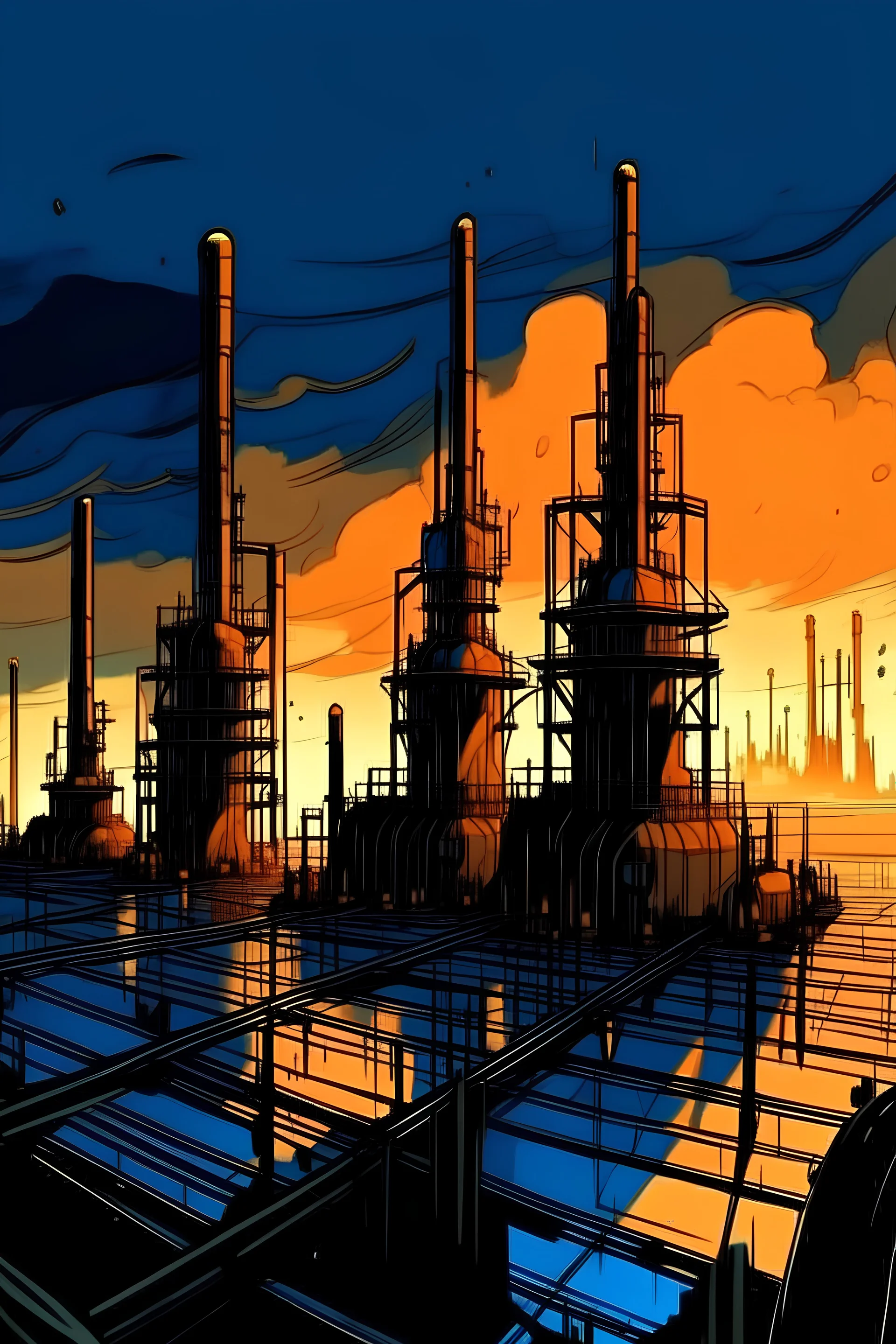 refinery with gushing crude oil, anime style