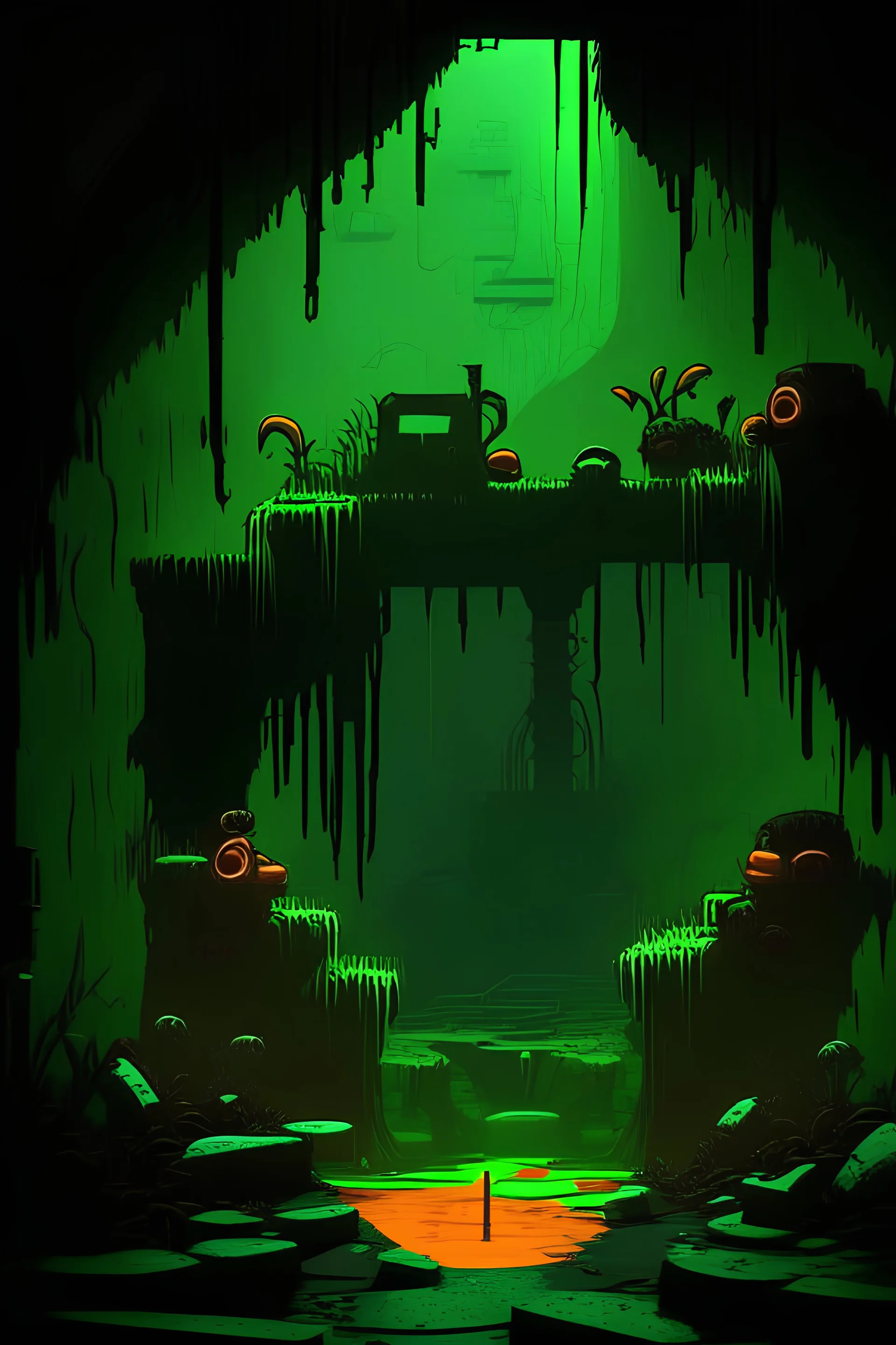 An animated 2d platformer of an apocalyptic sewer with small, has a very dark green analogous color scheme with some orange complementary color to it. Very dark, mossy theme