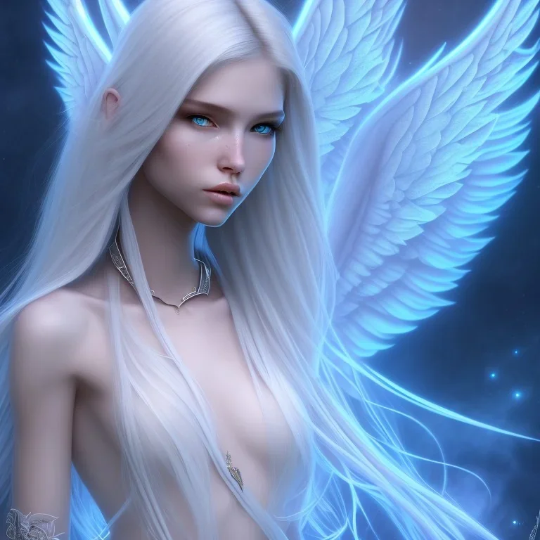  beautiful, soft, smiling face, blue atmosphere, long straight blond hair, big fairies wings in the back