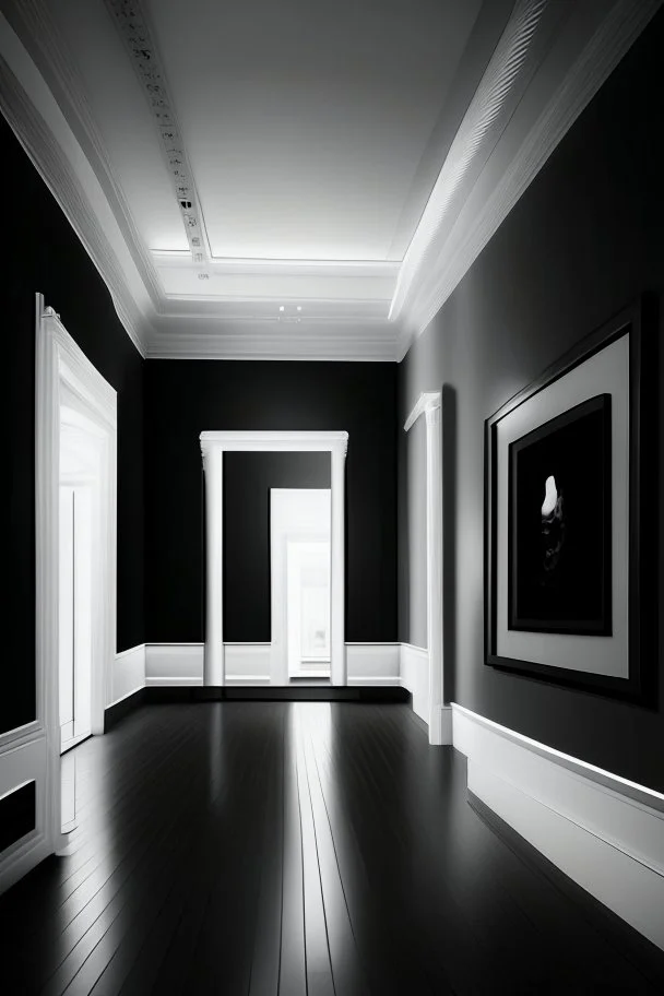 Reception with black walls, a white floor, hidden or rich lighting, and it is suitable for a museum