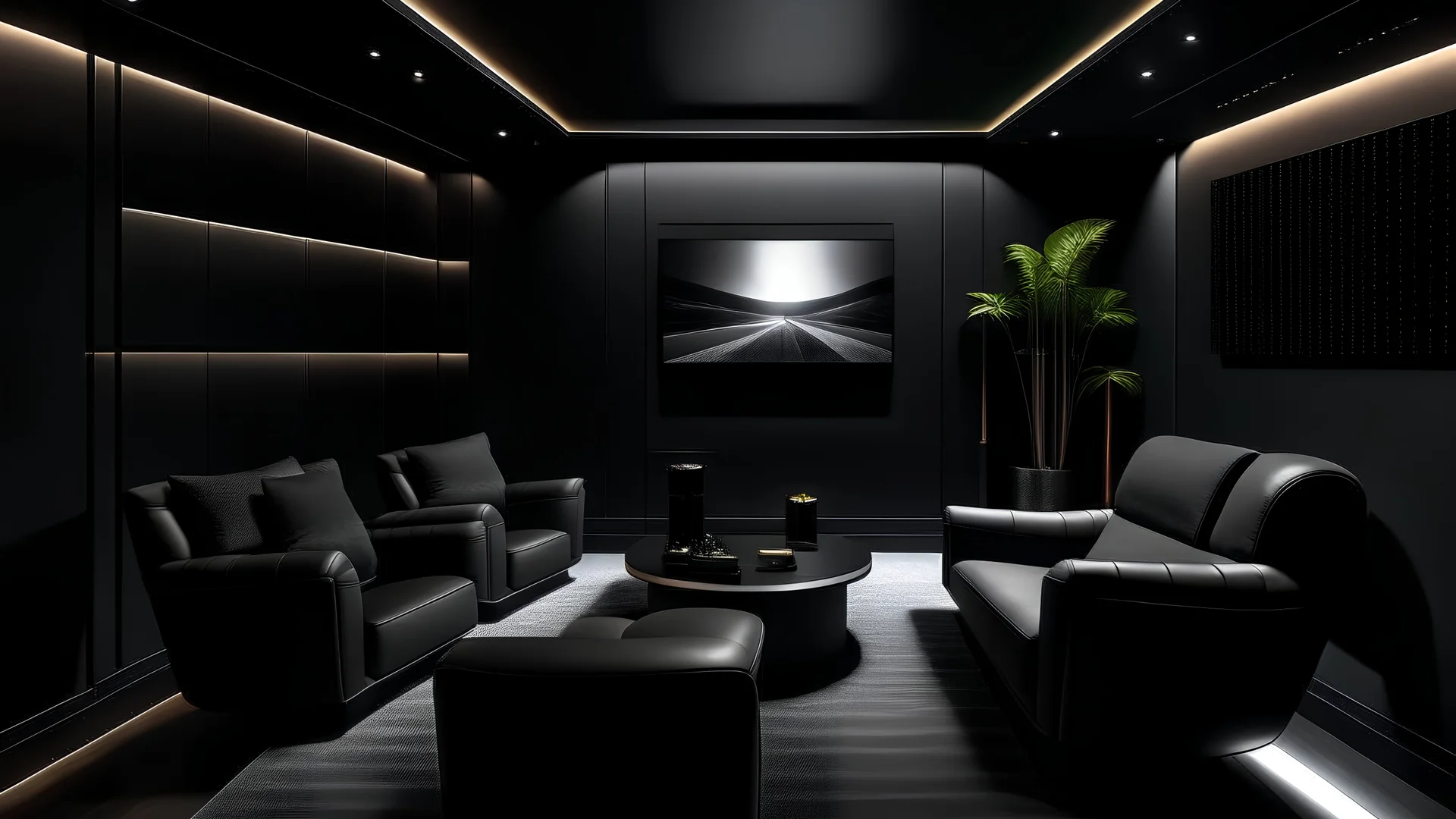 black themed home cinema room, recliners, ambient lighting, warm environment