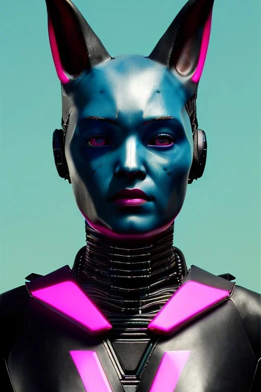 Medium Close Up Portrait, Front image. cyberpunk, rabbit mask, sweet woman, black hair and beard. latex suit army. Pink, black, blue, color. Cyborg style. Color background, photo studio. Avatar image, highly detailed, concept art, smooth, unreal engine 5, ray tracing, RTX, lumen lighting, ultra detail, volumetric lighting, 3d, finely drawn, high definition, high resolution.