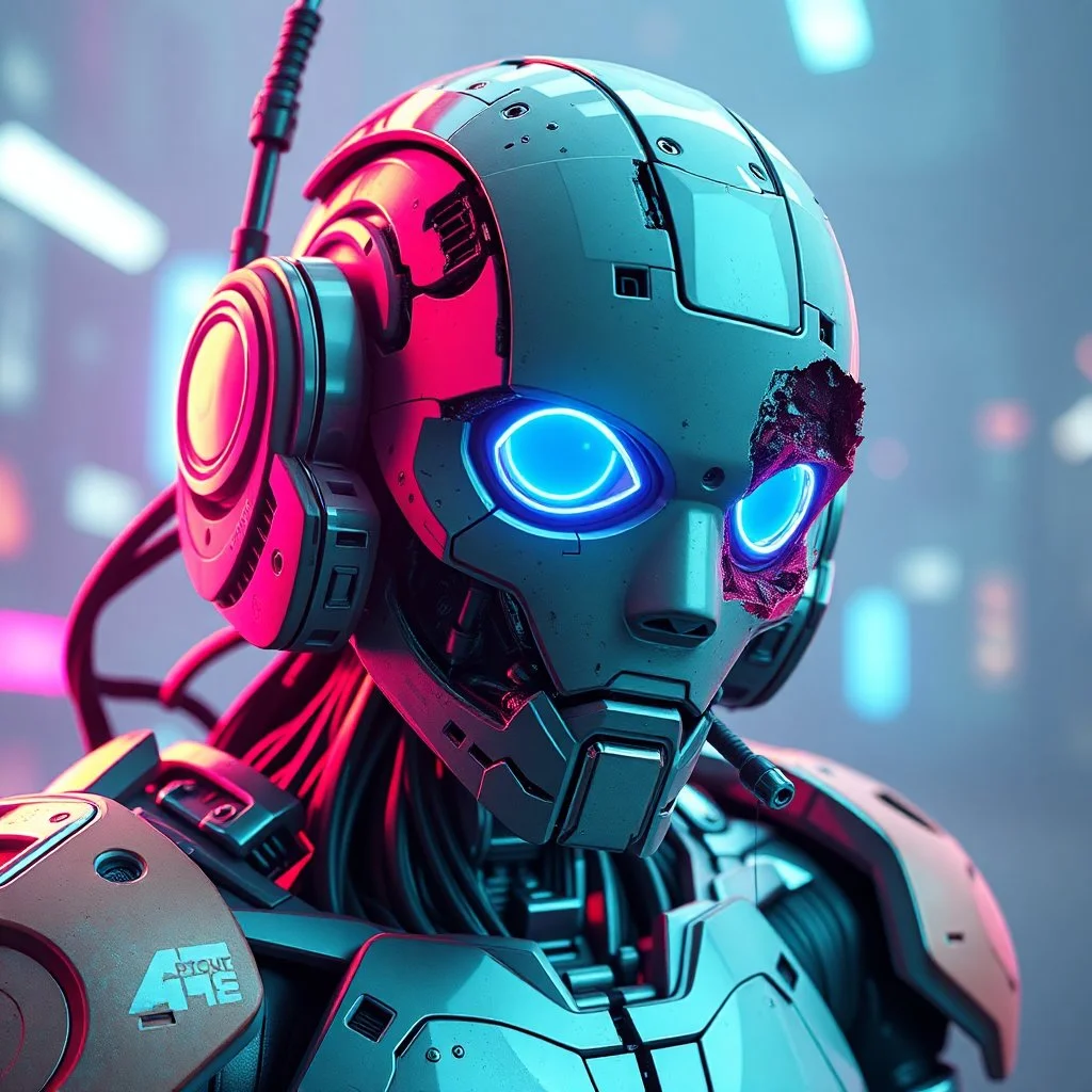 a damaged cyberpunk robot, bright colours, futuristic, dystopia, stylised, digital art, 3d render