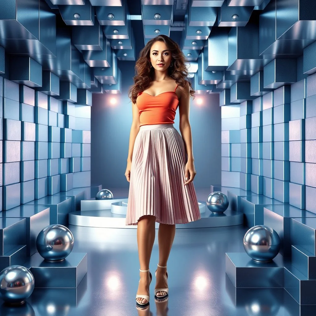 make a picture pretty stage made of metallic blue-gray teme 3d recursive cubic and sphere and cylinder base structures and a beautiful fashion model lady standing with cute in scene with sexy top and pretty pleated midi skirt ,makeup curvy long hair,dynamic camera zoom to full body and pan, dynamic lights.