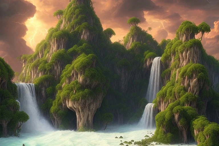 epic matte painting of a misty tropical jungle island on stormy ocean, lush, cinematic, cinematography masterpiece, realistic shaded volumetric lighting, volumetric clouds, ecosystem, highly reflective water, intricate, detailed, waves, randomly placed ground fog, spume, small minutiae, spindrift, tiny features, ripples, particulars, sharp lines, digital art, 8k, uhd, perspective ground level camera view, 8k, ambient occlusion, sunlight caustics, art by sam curry