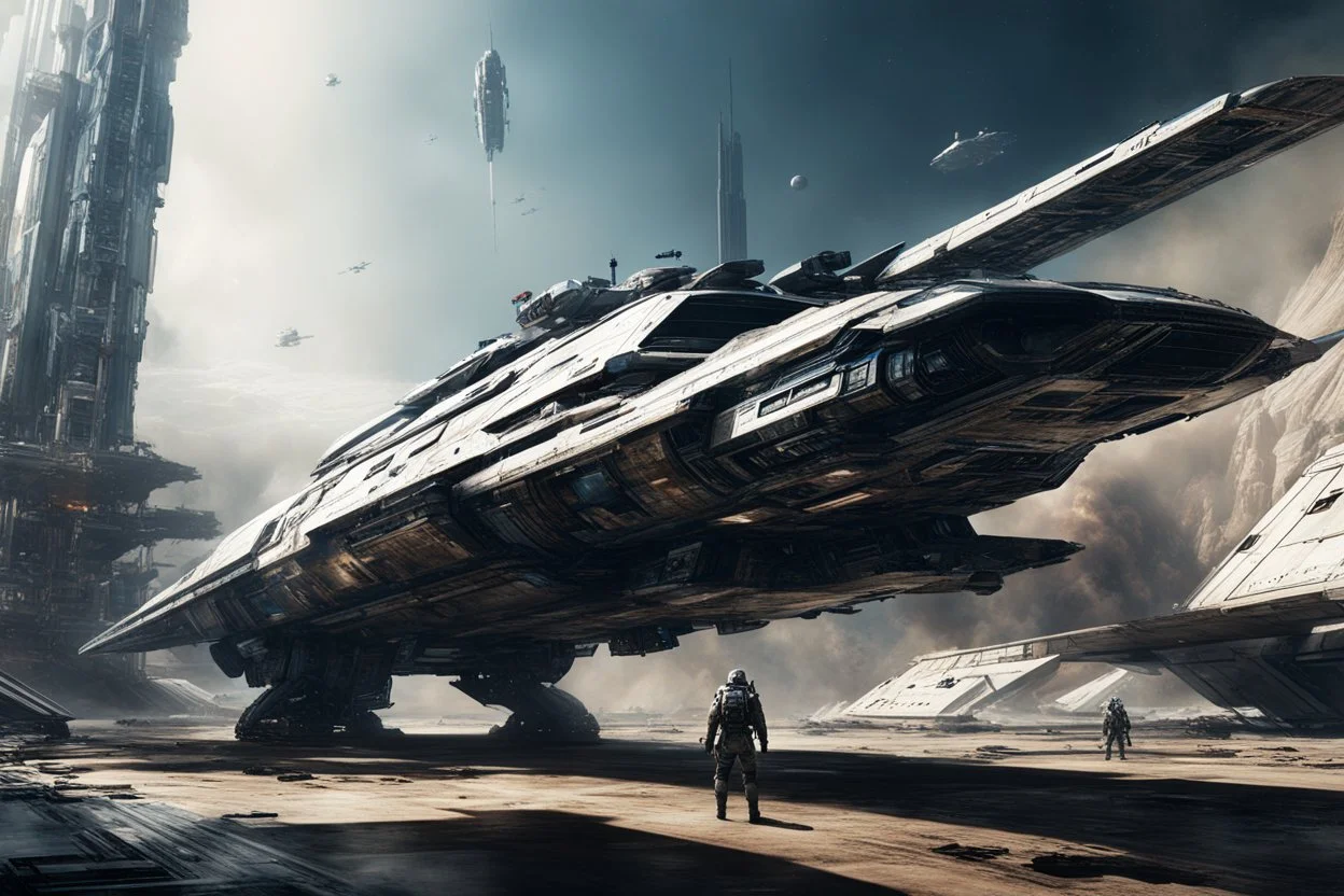 in space, futuristic epic sci-fi, wide angle, LV-426, with a huge battered and chipped spaceship with large white GH 5 markings and a logo on both sides of the hull, men soldiers Sci fi city complex, in digital art style, wide angle, balanced composition, black beige blue stripes, hard surface, reflections, triadic color, symmetry, hyper detailed, octane rendering, complex work,