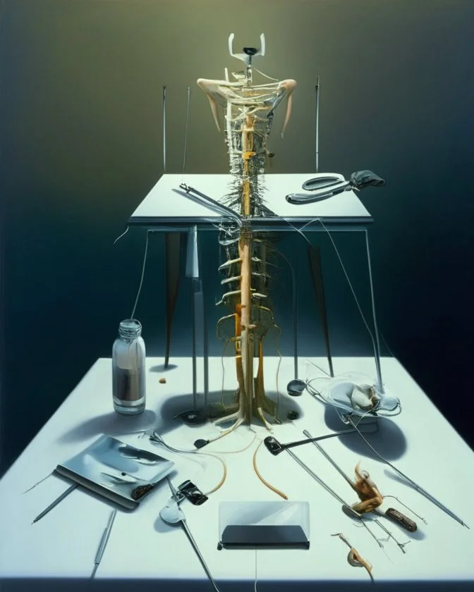 human body, universe-like table,complex surgical instruments mixed with human body-like musical instruments,minimalism,Painting By Adrian Ghenie, Rene Magritte, Lucian Freud