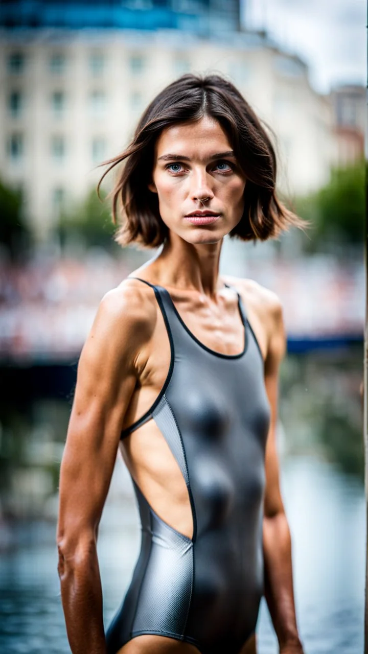 beautiful anorexic young woman, total shot, short shiny anthracite triathlon swimsuit, short brunette wavy bob hair, blurred city background