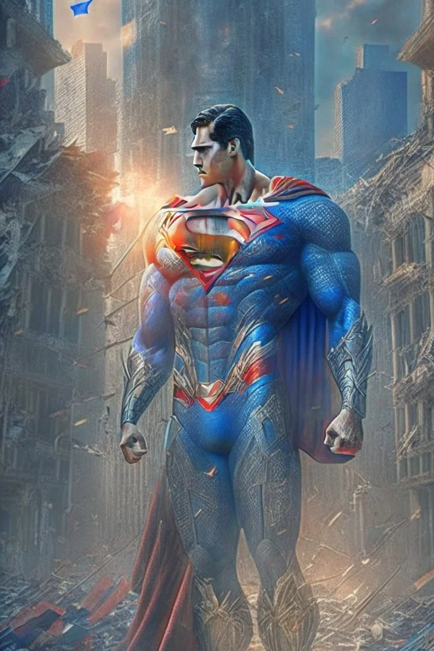 Superman. In a new, sophisticated suit decorated with a Mandala pattern. Strong, fit body. Muscles. A cinematic scene. A destroyed city scene