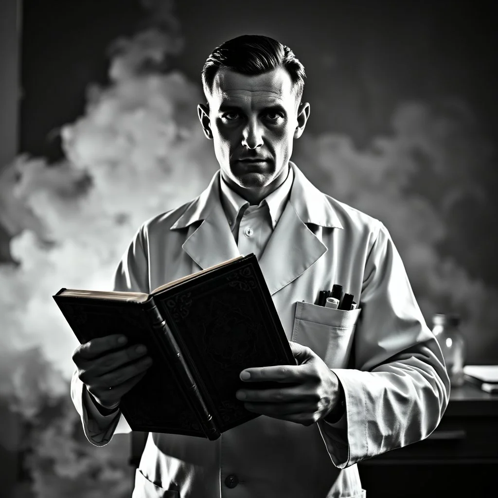 A ww2 german scientist in a lab coat holding a demonic grimoire