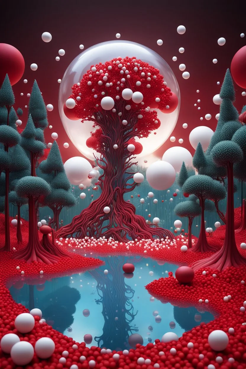 A stunning forest with tree made out of plastics and a lake of white small balls ad water, surreal, Dali, Van Gogh, fine line art styles , fantasy world ,3D , 8k, dim lighting and clouds is fume, dark red colors