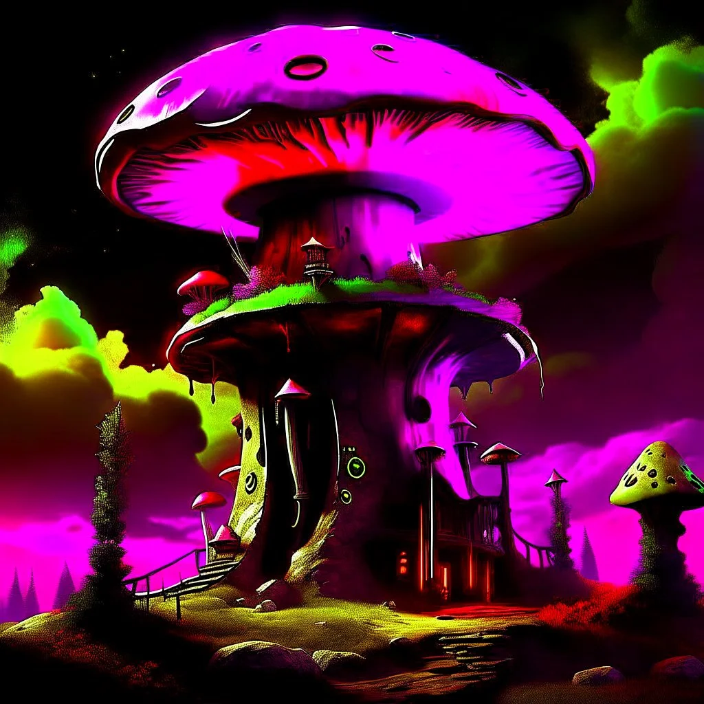 A fantabulous black, magenta and green (((mushroom tower house))) erected atop a (geologic pillar), surrounded by the uncanny imaginative ((( swirling skies))), offset by the stark hues of a (neon-tinged nebulous space scape), within. captured by the hand a skilled master painter with a focus on (softly blurred compositions and voluminous lighting).