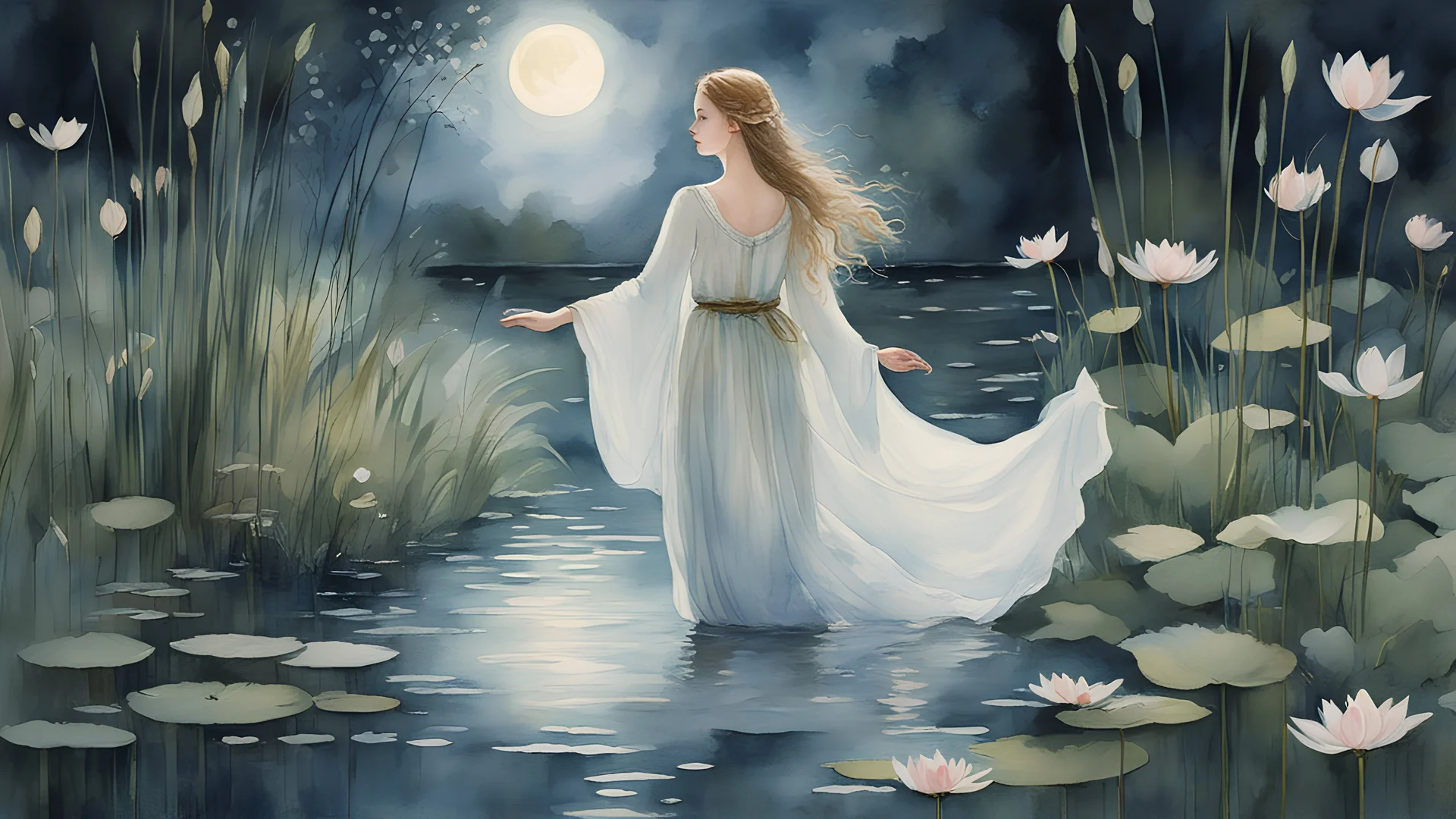 A watercolor painting with intricate brush strokes capturing the delicate beauty of Ophelia in a flowing tunic, surrounded by blooming lotus flowers, her thighs glowing in the moonlight, and reeds swaying gently in the background. The scene exudes a dreamlike quality, with a sense of tranquility and mystery permeating the atmosphere. This version focuses on the ethereal and poetic elements of the image.