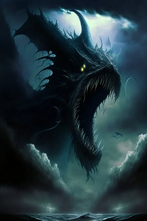 leviathan demon huge long abyssal dark seprent monster beast sky