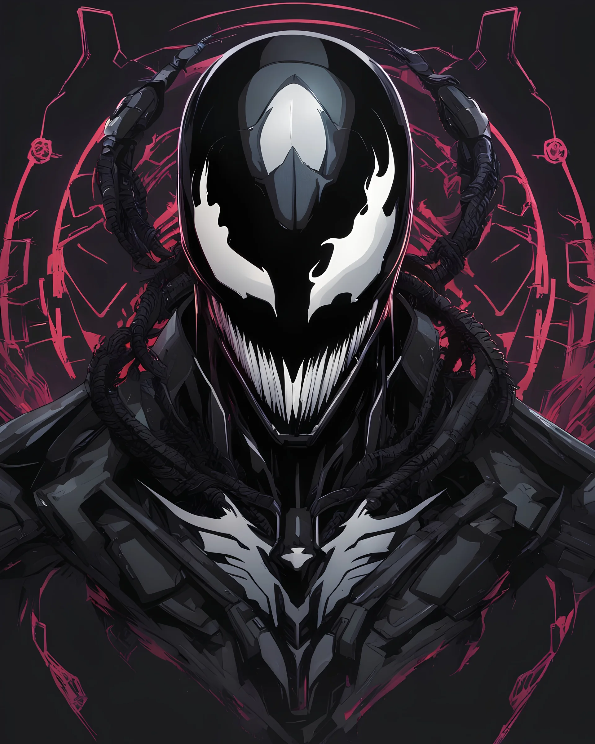 Venom mix with machine in solo leveling shadow artstyle, cyberpunk them, intricate details, highly detailed, high details, detailed portrait, masterpiece,ultra detailed,best quality