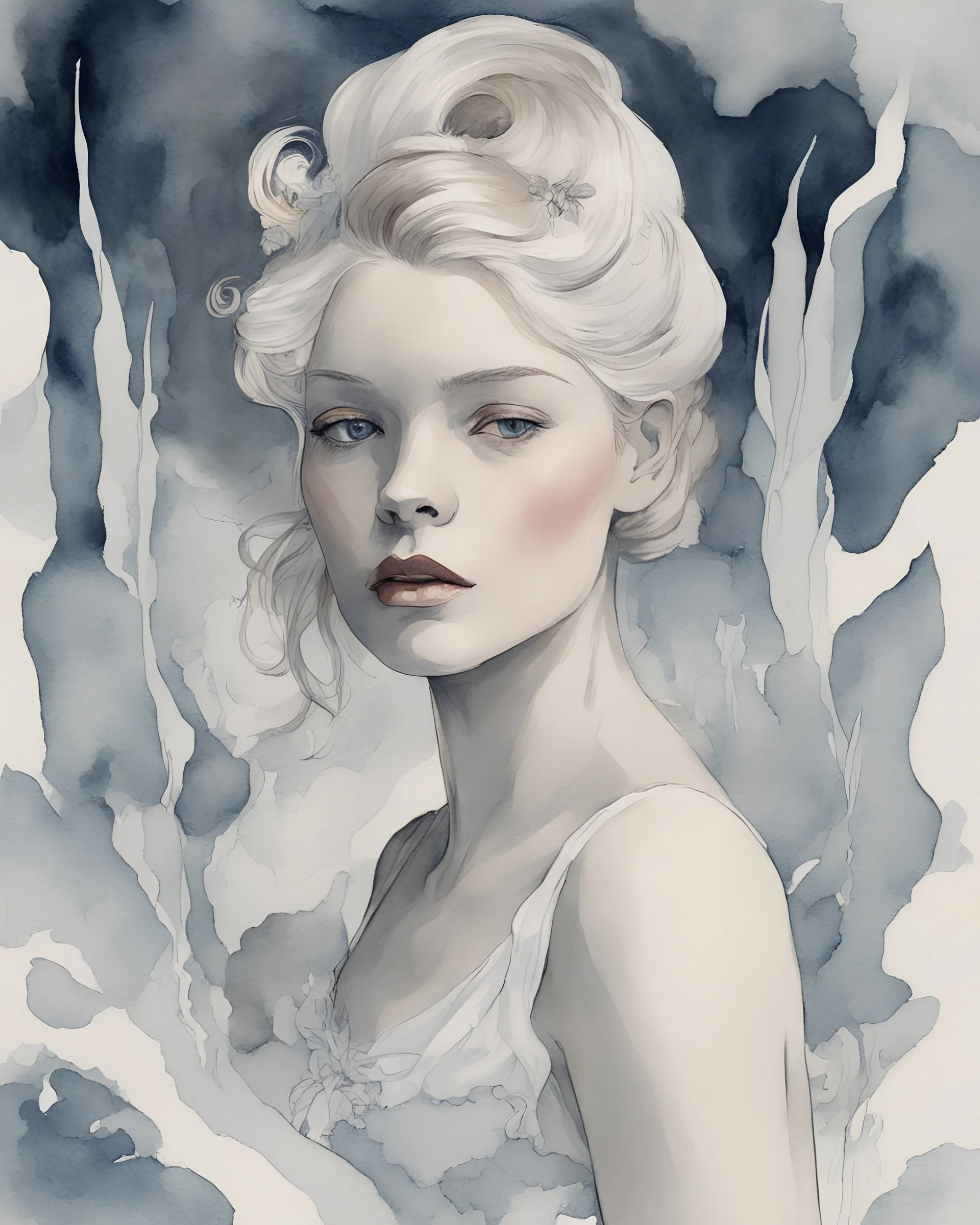Aubrey Beardsley style watercolor style Alexandra "Sasha" Aleksejevna Luss Listen, when the gang woke up, it was like s trying to do their ballet on a glacier eye candy Full body.