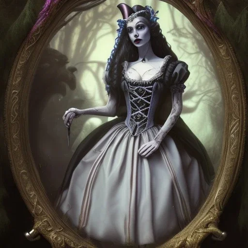 portrait of a goth Alice in Wonderland and the Queen of Hearts, 8k resolution, high-quality, fine-detail, color, intricate, realistic, sharp, crisp, digital art, detailed matte, volumetric lighting, illustration, octane render, brian froud, howard lyon, Anne Dittman, Anne Stokes, Lisa Parker, Selina French