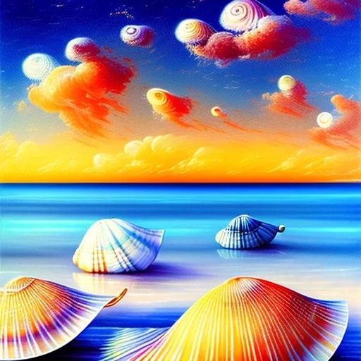 Dibujo al oleo de Conchas pintadas con nubes de colores en la orilla de la playa, con nubes de colores, barcas, con estilo de Van Gogh 4k