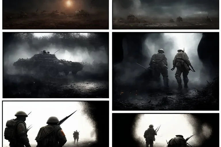 Masterpiece1:5)(Fineart), (award-winning:1.5), highest quality, (ultra realism:1.5) war journalism(,(by Tim Page and Hoorst Faas:1.5))(photorealistic:1.8),RAW pictures (Eastern Ukraine:(panel one:the moment after a battle ends, horrors of war, wounded men),(2nd panel, cinematic shot of men sitting in trench with 1000 yard stare (focus on their eyes:1.5)),(the third panel shows troops tired but hyper alert), (the fourth panel shows the sky is filled with incessant, fire and smoke,)