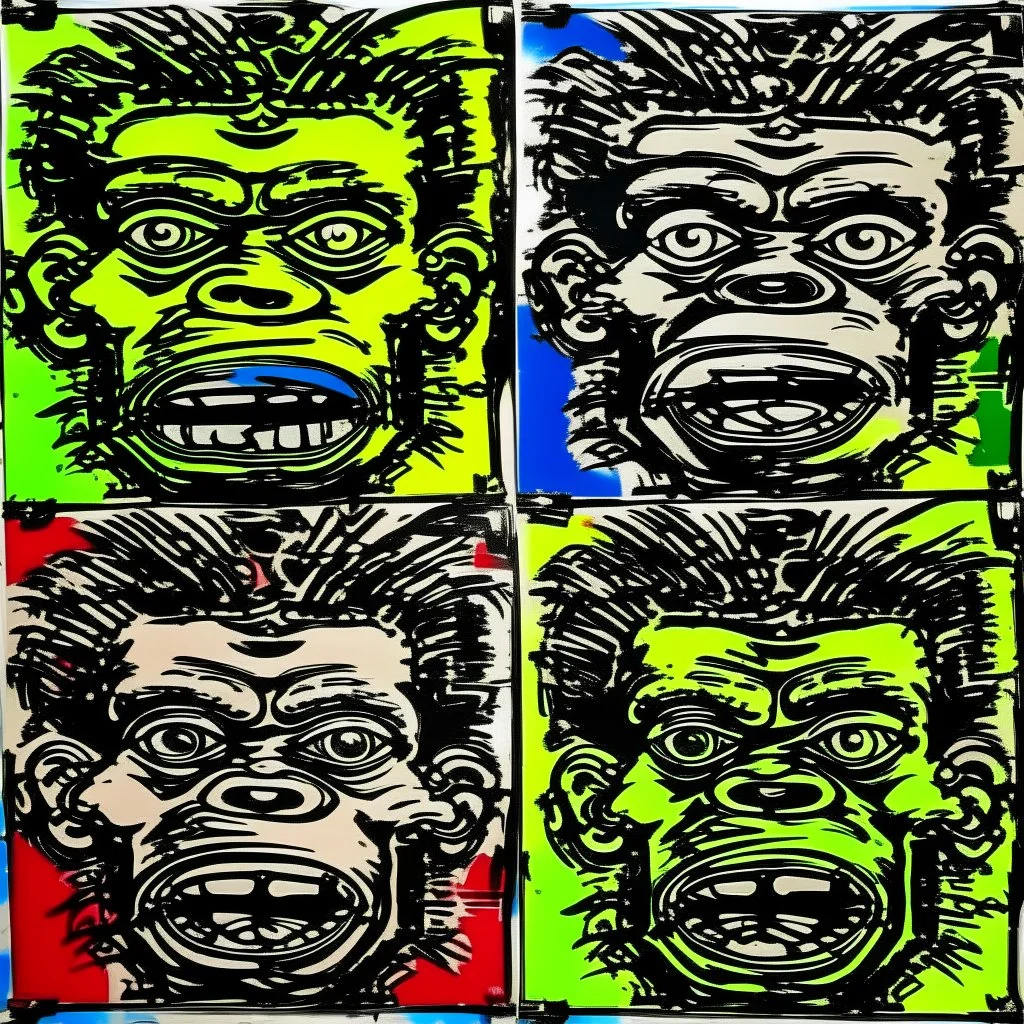 4 angry monkey faces, by Jean-Michel Basquiat and Andy Warhol, acrylic painting