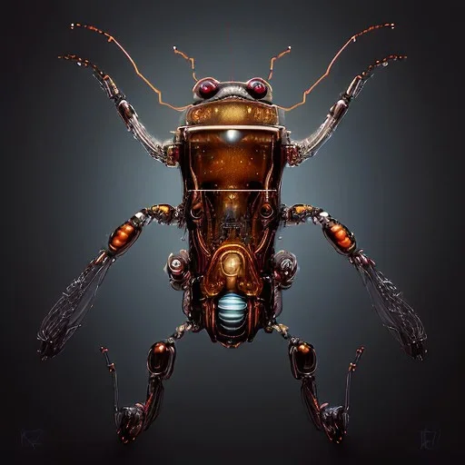 steampunk transparent cybernetic biomechanical robotic bug of death, symmetrical, front facing, very coherent symmetrical artwork, unreal engine realistic render, 8 k, micro detail, gold and steel intricate, elegant, highly detailed, digital painting, artstation, smooth, sharp focus, illustration, artgerm, tomasz alen kopera, wlop, unreal engine 5, octane render