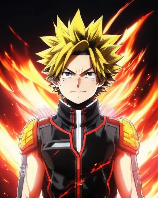 Detailed anime portrait of bakugo from my hero academia, gold hair and golden eyes, black suit, intricate details, full body portrait, keep head in frame, slight smile, black Japanese motif, concept art, highly detailed, digital painting, concept art, sharp focus, illustration, art by Yoji Shinkawa, WLOP and greg rutkowski and alphonse mucha and artgerm and yanjun Chen and Junji ito and Makoto Shinkai, HDR, octane render