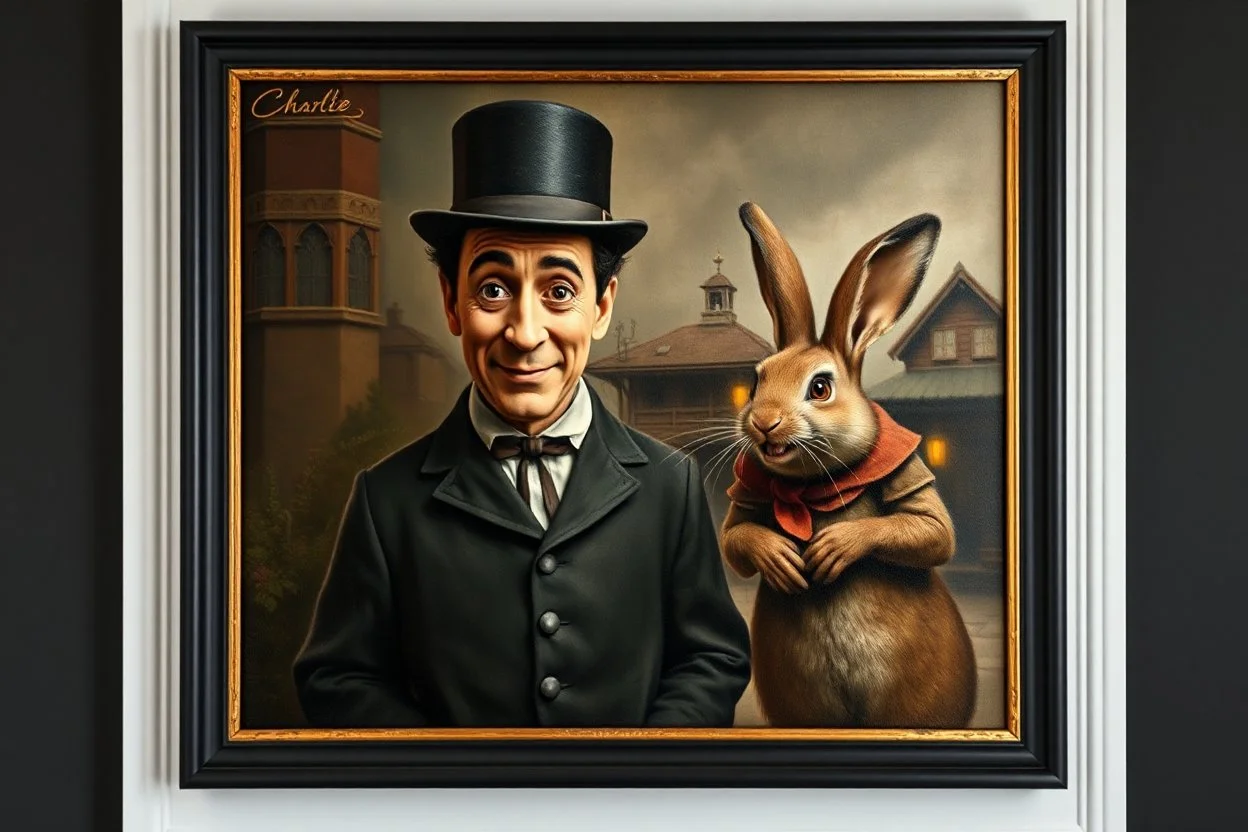 Real Charlie Chaplin in front of the frame, and town major troll mouse rabbit in style of Rembrandt and Fallout 4, with motion blur, all on a painting on wall with black wooden frame and with black wall background