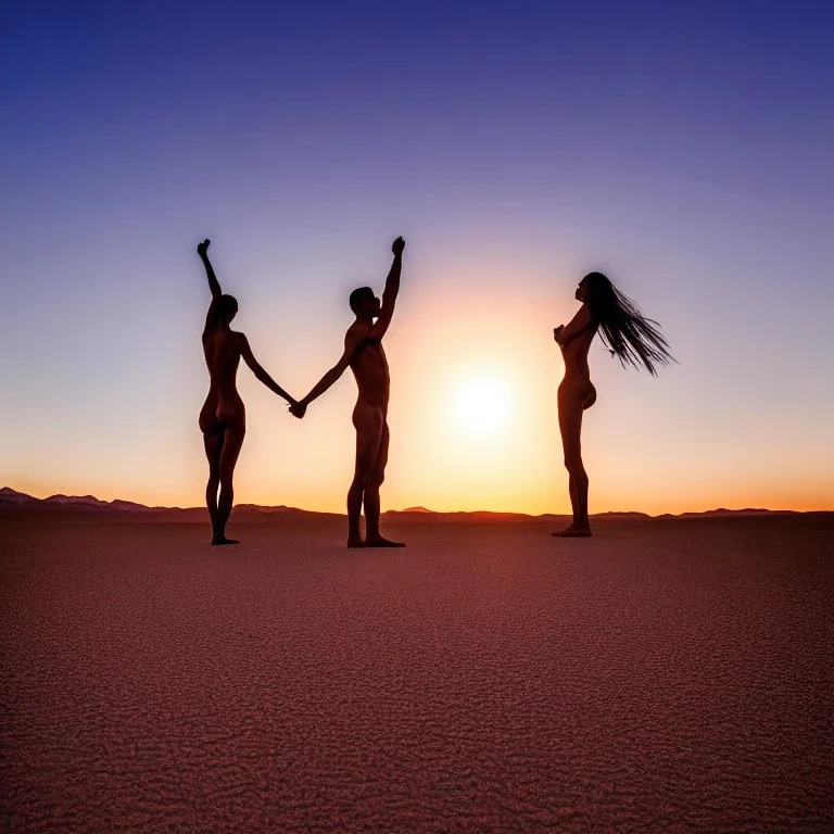 man and woman with no clothes, making love, desert road, sunset, full colour,