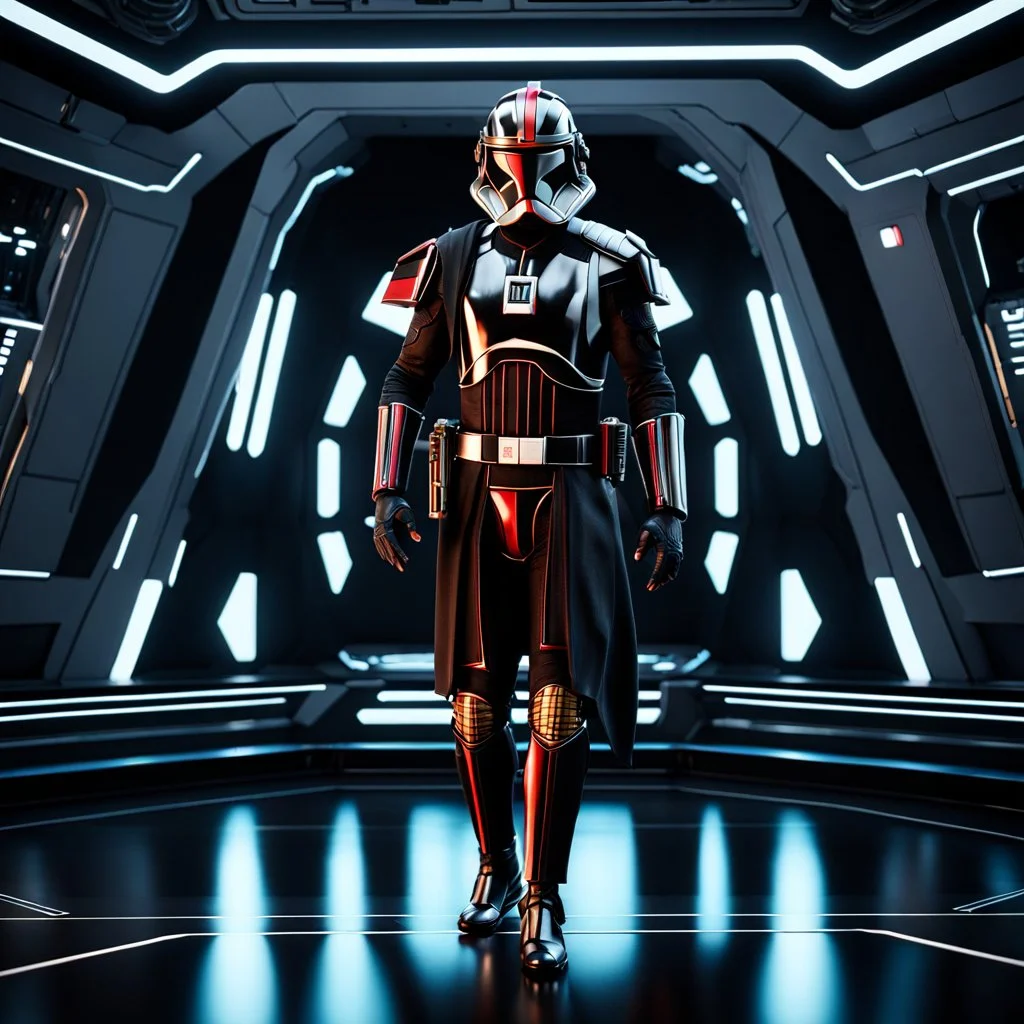 star wars bald male corellian pilot wearing pearlescent black and gunmetal grey First Order special forces heavy assault stealth commando armor and helmet with gold and red trim inside the jedi temple, hyperdetailed, dynamic lighting, hyperdetailed background, 8k resolution, volumetric lighting, light skin, fully symmetric details