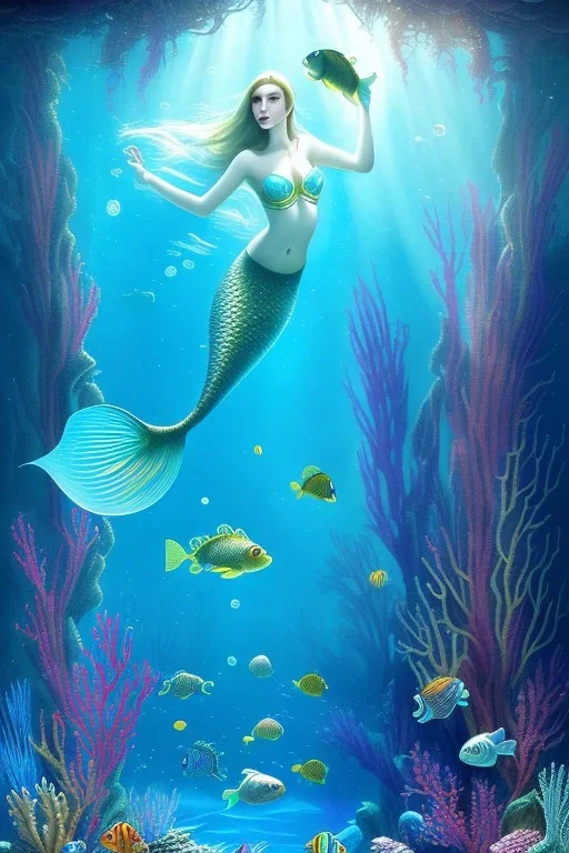 underwater scene, a mermaid, beautiful colors, fish, very fine detail, high quality, mystical, romanticism, intricate, oil painting, soft lighting, dream like,