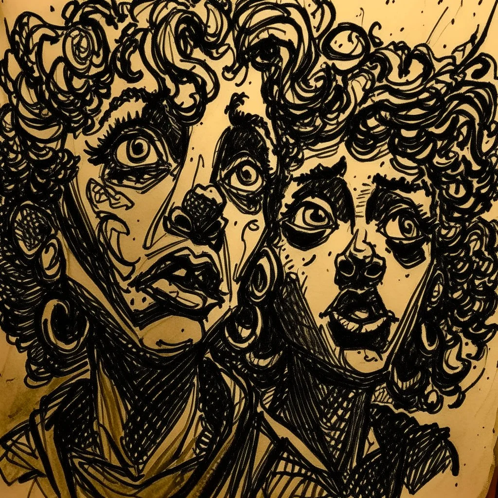 <https://s.mj.run/PrAtlEsO-1M> a drawing of two women's sketched on paper, in the style of quirky expressions, rusticcore, chiaroscuro sketches, yosuke ueno, rough clusters, close up, comical caricatures