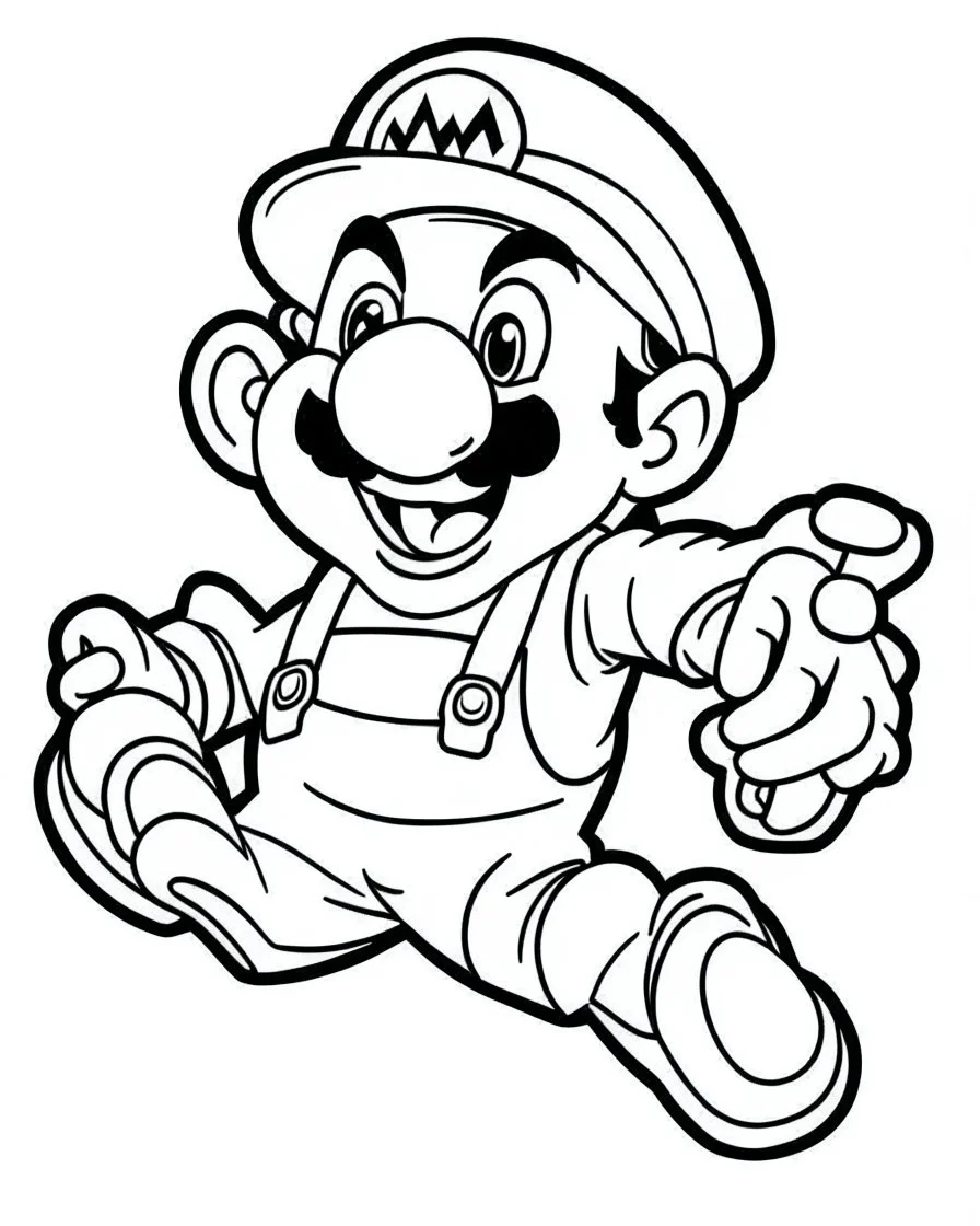 outline art for super mario flying coloring page, Japanese manga style, cartoon style, cute face, white background sketch style, full body is a must, only use outline, clean line art, no shadow, bold outline