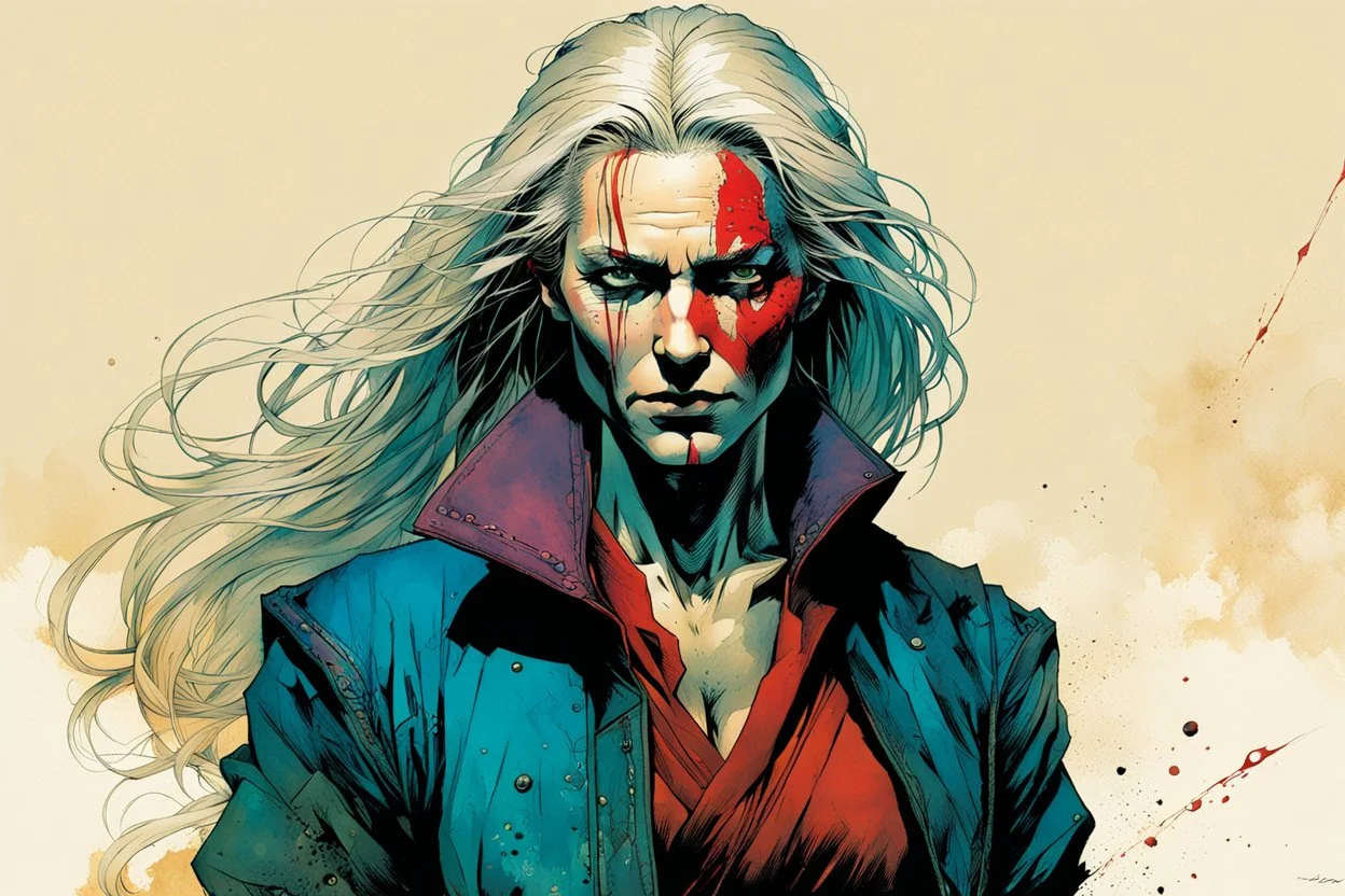 create an imaginative full body print illustration of an ethereal, otherworldly haggard, scarred, and grim, flaxen haired female grandmaster Witcher , in the comic book art style of Bill Sienkiewicz, Mike Mignola, and Jean Giraud Moebius, with highly detailed facial features , finely drawn, colored and inked,