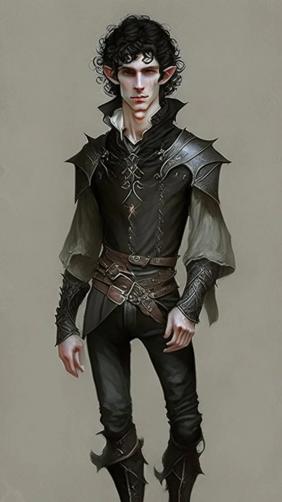 ron koza style, young man elf, he has curly, black hair and sharp cheekbones. His eyes are black. pale skin. He wears fantasy medieval clothes. full body with boots