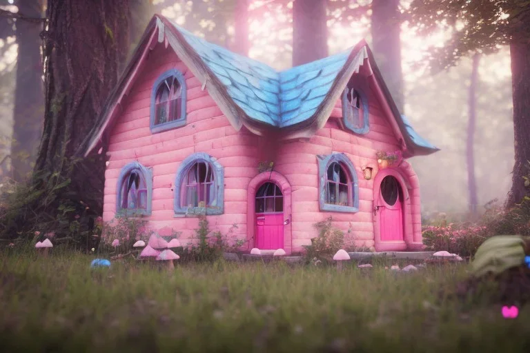 a cute pink and blue fairy house in the forest, spring time, mushrooms, 8k, flickering light, centered, high-quality, fine-detail, digital art, detailed matte, volumetric lighting, illustration, 3D octane render