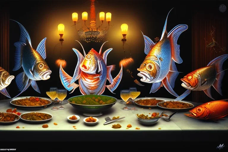 supper, fish sit at the table and eat pieces of people.