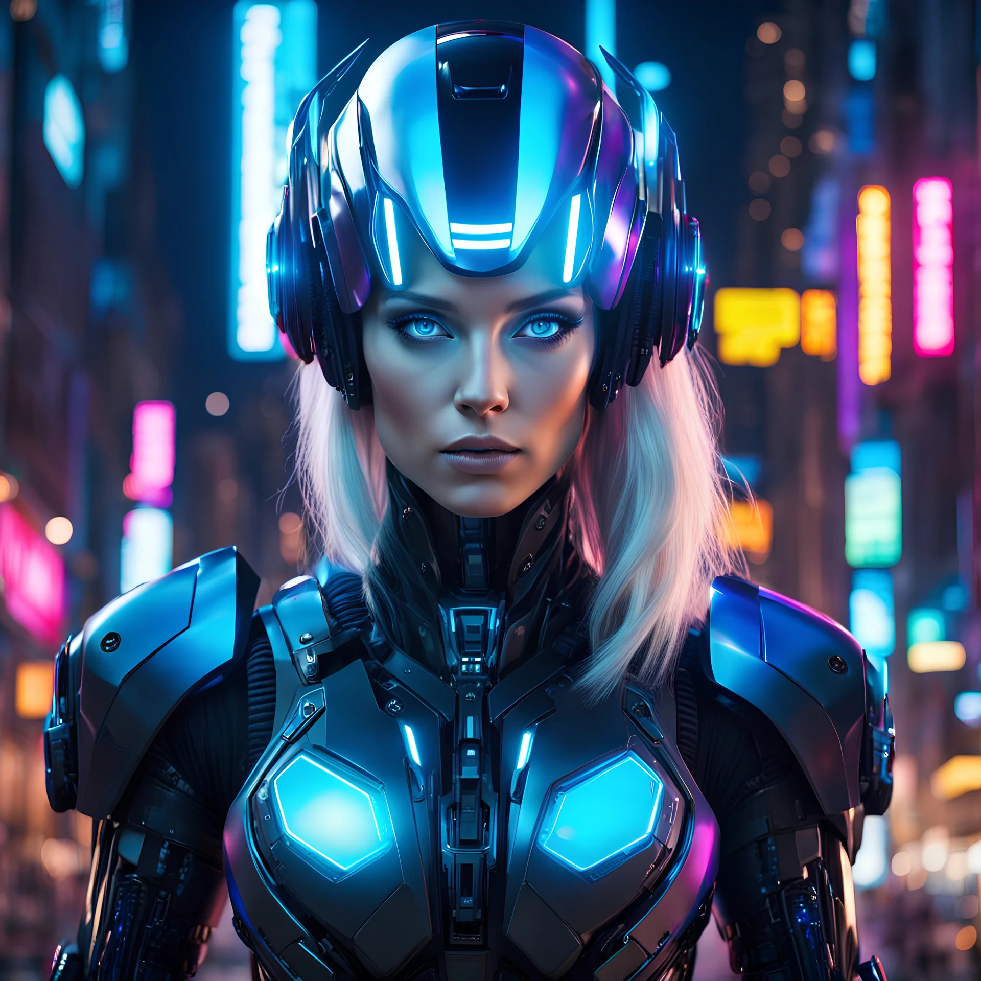 full body portrait of robotic cyberpunk artificial animatronic iridescent attractive_female_cyborg, Alien,futuristic, ,neon black colors, with incandescent blue eyes, blonde_hair,futuristic helmet on the head,, in neon city, nighttime