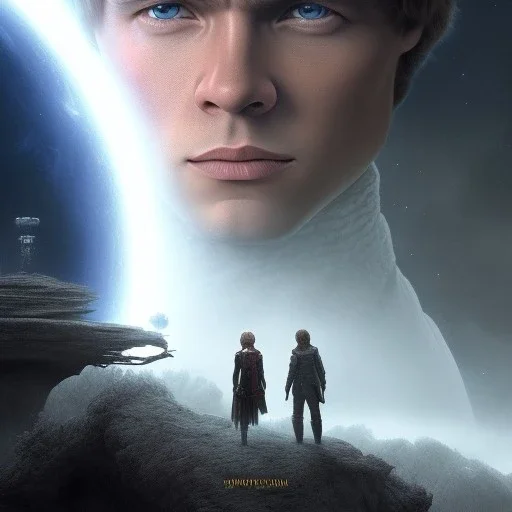 model shoot style, digital art zoomed out portrait of (young Luke Skywalker) ((dressed in jedi tunic)), surrounded by 100 planets, ultra-detailed, ultra quality, illustration, eerie atmosphere, 8k, cinematic lighting