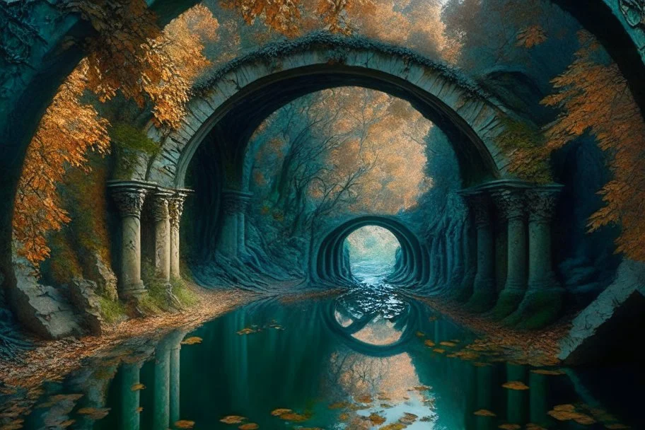 emerald river beneath incredible ancient stone arches, autumn trees, no people, by Ivan Shishkin, Ferdinand Knab, Dan Seagrave, Erik Johansson, Peter Mohrbacher, Anato Finnstark, Flavio Greco Paglia. unreal engine, bokeh sharp focus dof ultra realistic oil on canvas beautiful award winning photograph ultra detailed