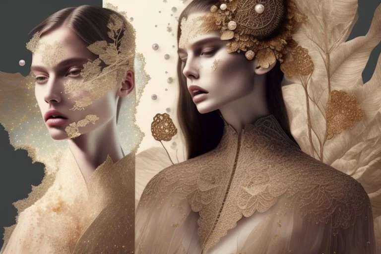 double exposure, merged layers, Beautiful composition of different fabrics, embroidered tulle with jewels, lace and raw pearls, silk, velvet, burlap, double exposure, heart, waterfall, golden glitters in sunshine