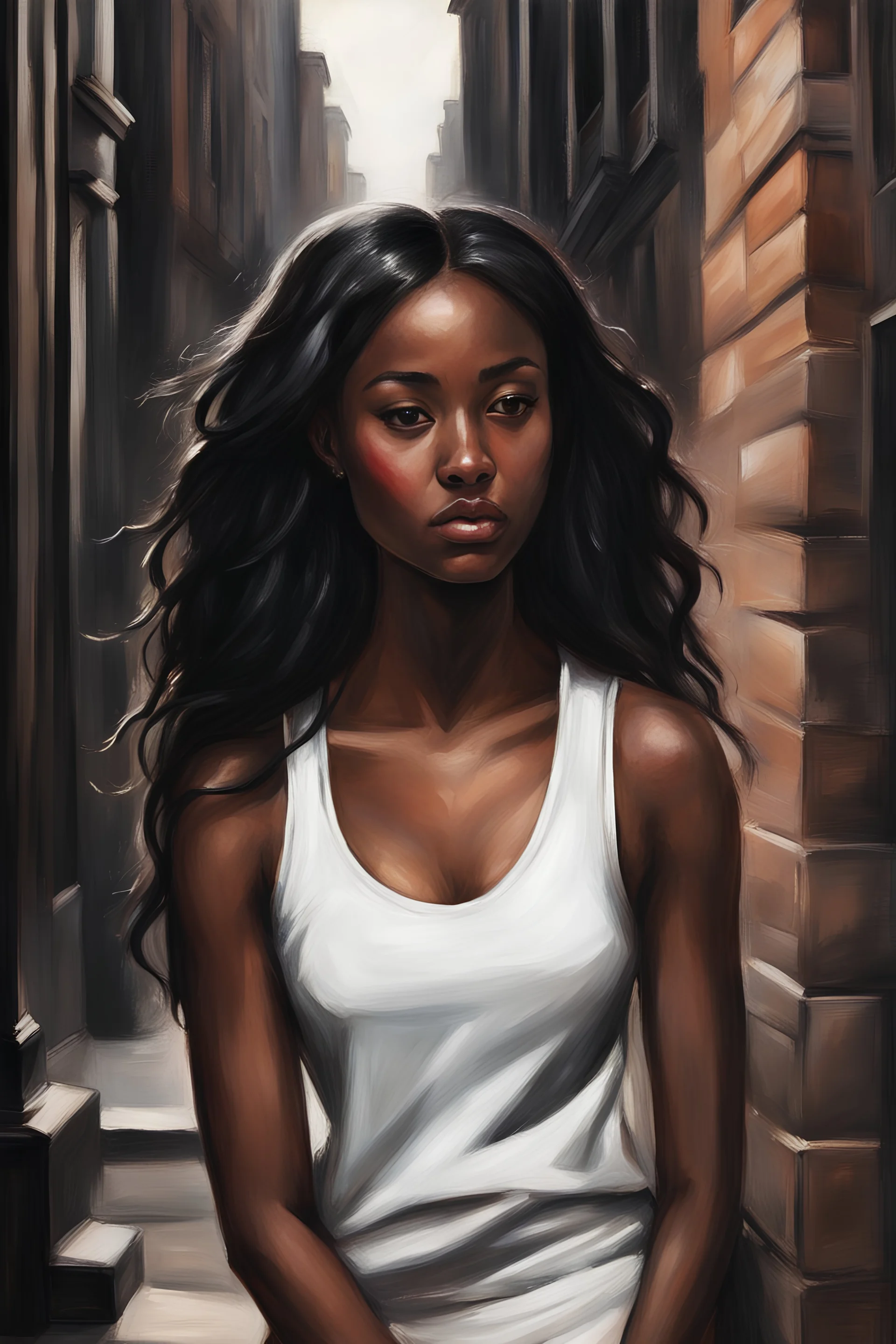 a dark painting, standing at the top of a brownstone stoop on a very dark street in new york, the actress Justine Skye has straight black hair, she wearing a tight white tank top and white shorts, painted in the style of Peter Paul Rubens, chiaroscuro lighting, she is in profile looking to the right