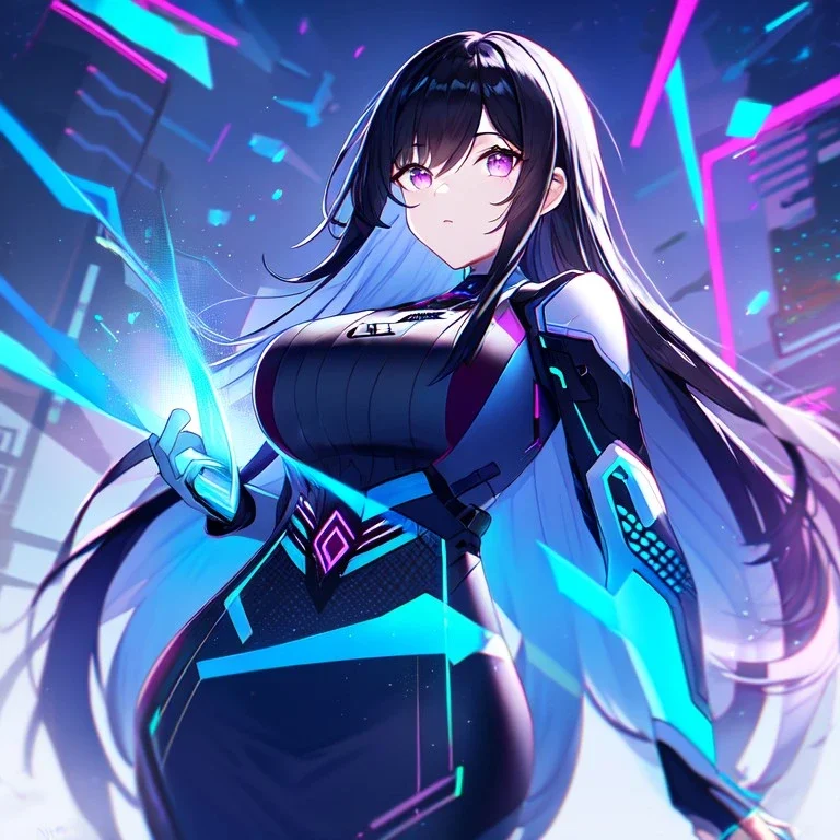 girl, masterpiece, best quality, volumetric lighting, dynamic pose, detailed outfit, perfect eyes, long hair, A woman with long black hair and purple eyes cooking in a cyberpunk kitchen with a neon blue glow, detailed environment,