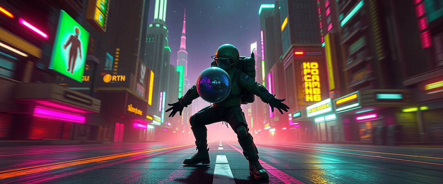 cyberpunk space city, in valley, A space priest rogue cowboy biker astronaut with disco ball rocket backpack named Dave started doing the splits, Blew a fuse in his hips and short-circuited his bits, The Martian fluffy gremlins went wild, the Plutonians dogs screamed, Even black-and-white aliens turned ultraviolet green! in the style of fallout 4 and HR Giger, background motion blur , and volume fog spot lights