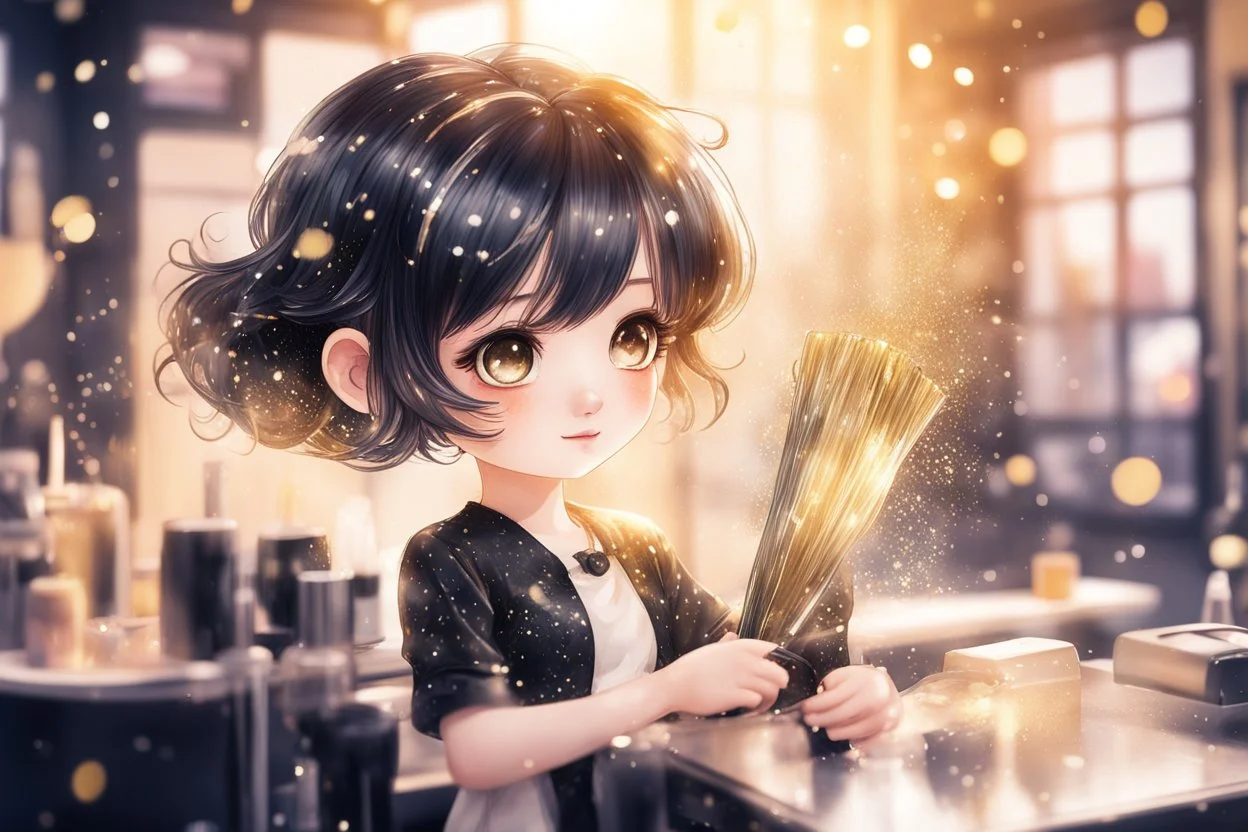 cute chibi anime hairdresser girl cutting hair in a hairdresser saloon in sunshine, watercolor and black ink, sparkling golden glitters, ethereal, cinematic postprocessing, bokeh, dof