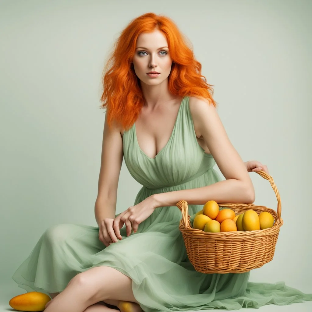 A beautiful young woman with orange hair sitting in a light green dress with a basket full of mangoes. All on a light background that can be easily removed.