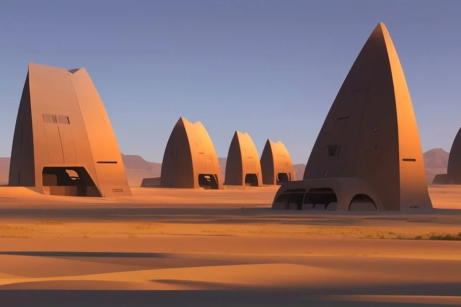 alien buildings, in the desert, surrounded by acacia trees, dunes, pathways, lake, roads, mountains, blue sky