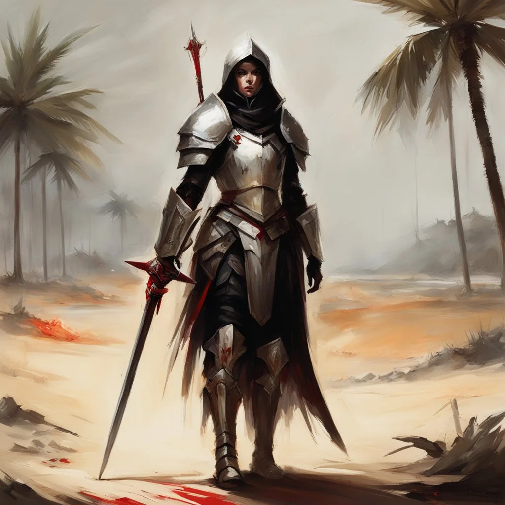 [art by Guy Borremans] bloody Templar of the Oath of Silence on the battlefield with her mace and palmtree crab armour